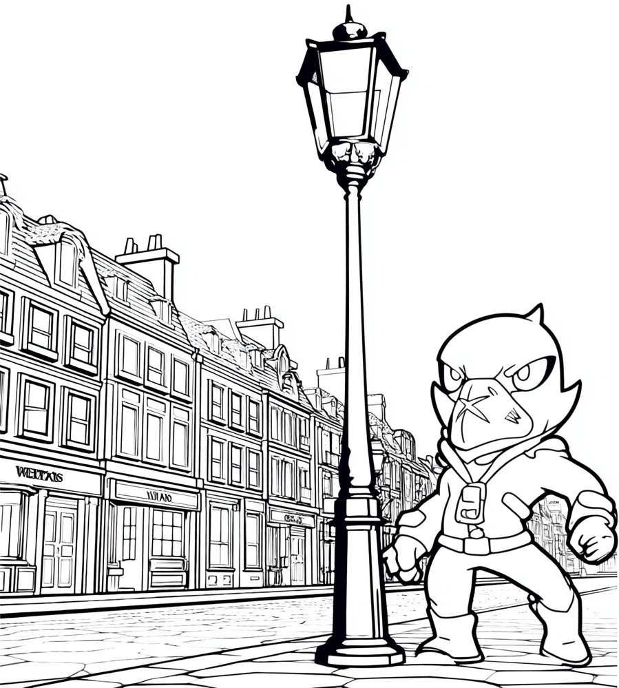 Coloriage de Corbac de Brawl Stars en pleine ville