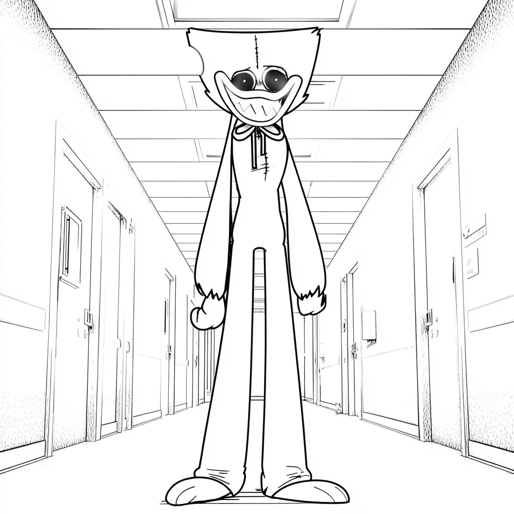 Coloriage d'Huggy Wuggy de Poppy Playtime dans un couloir