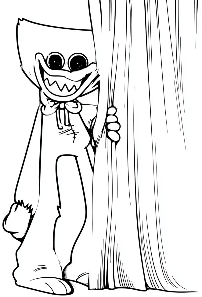 Coloriage d'Huggy Wuggy de Poppy Playtime derrière un rideau