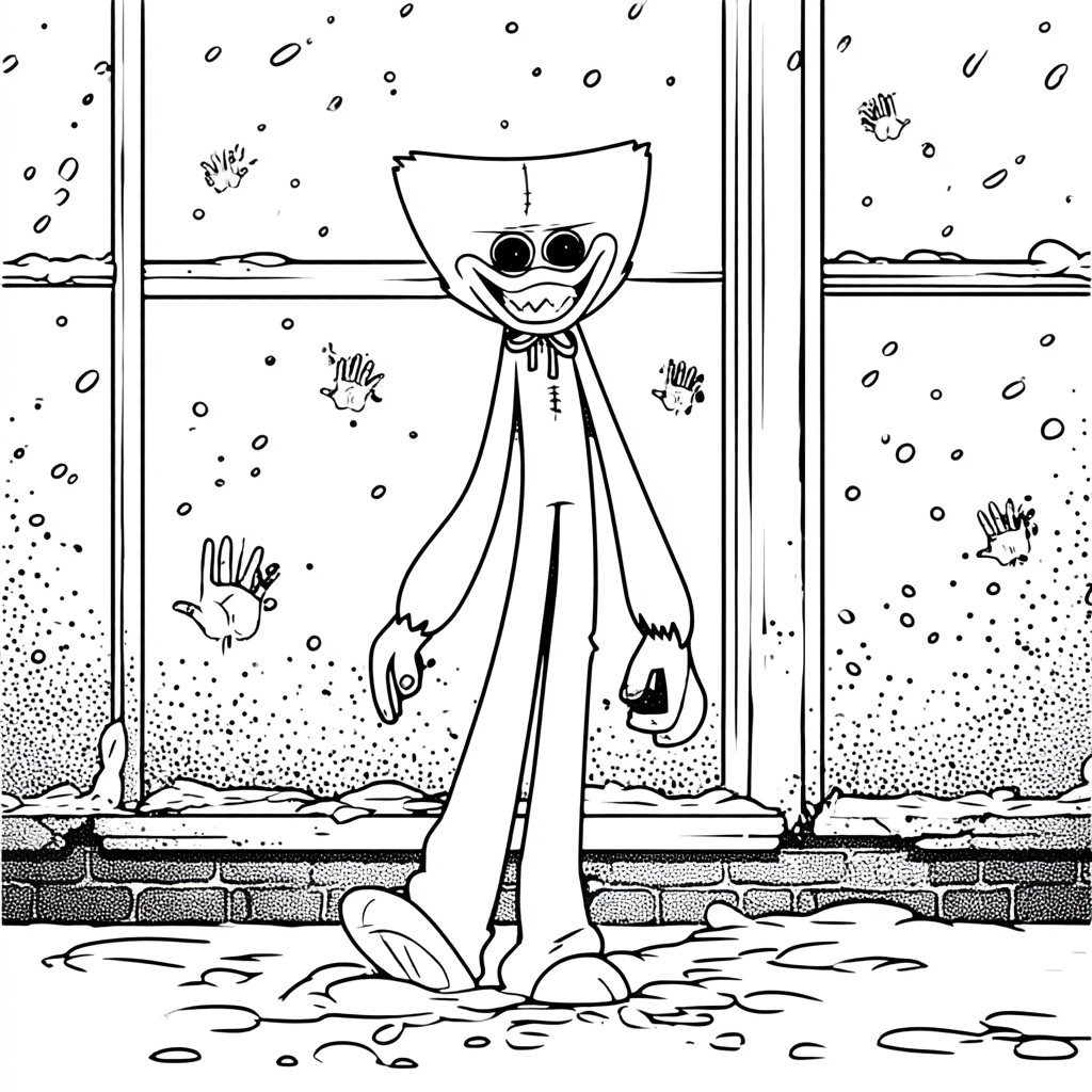 Coloriage d'Huggy Wuggy de Poppy Playtime dans une maison
