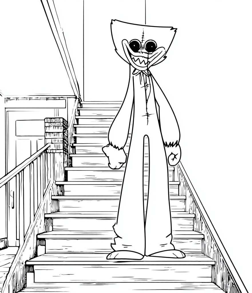 Coloriage d'Huggy Wuggy de Poppy Playtime descend les escaliers