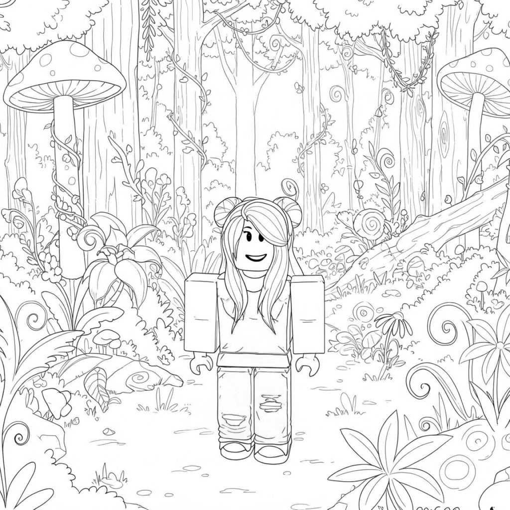 Coloriage de Roblox pour filles avec un personnage dans la forêt