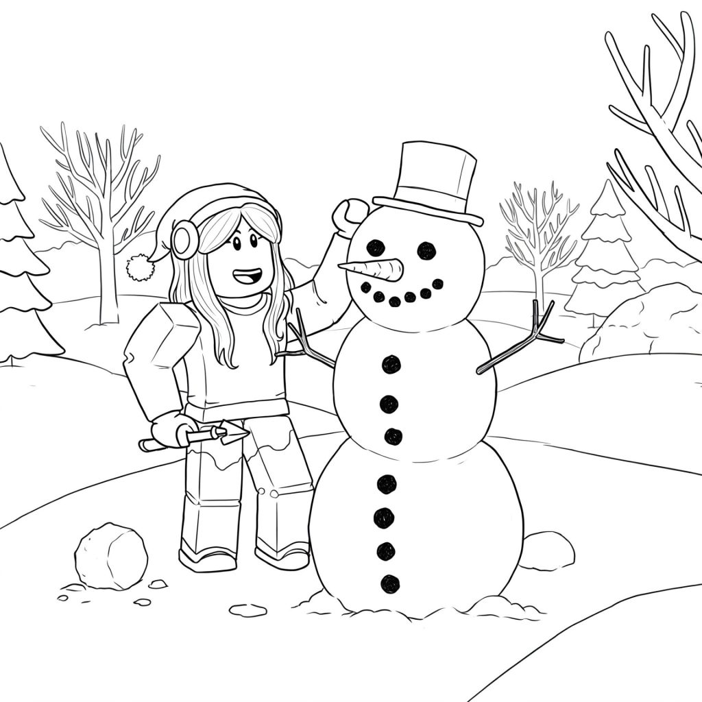 Coloriage de Roblox pour filles avec un personnage qui fait un bonhomme de neige