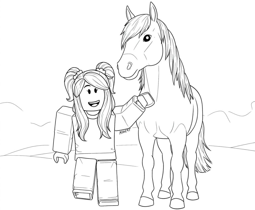Coloriage de Roblox pour filles avec un personnage qui se promène avec son cheval