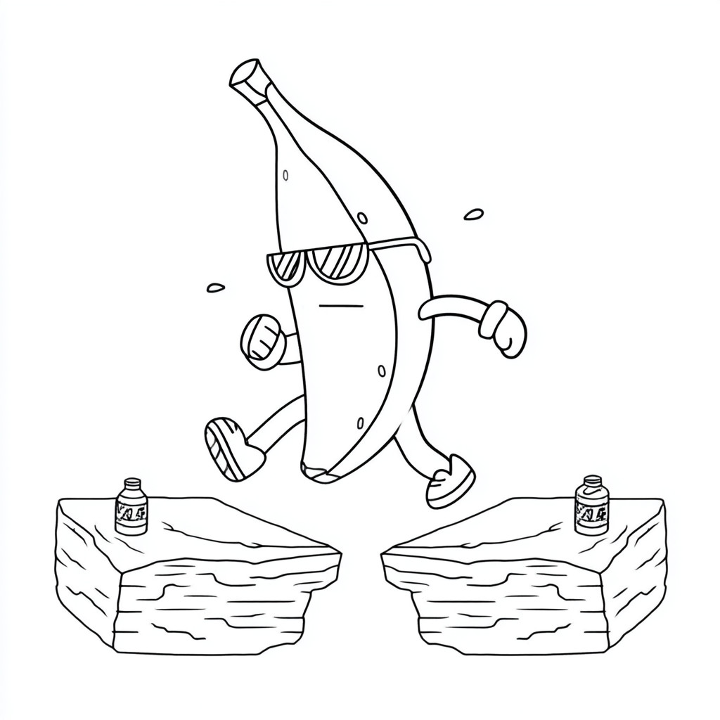 Coloriage de la banane de Stumble Guys qui saute d'une plateforme à une autre